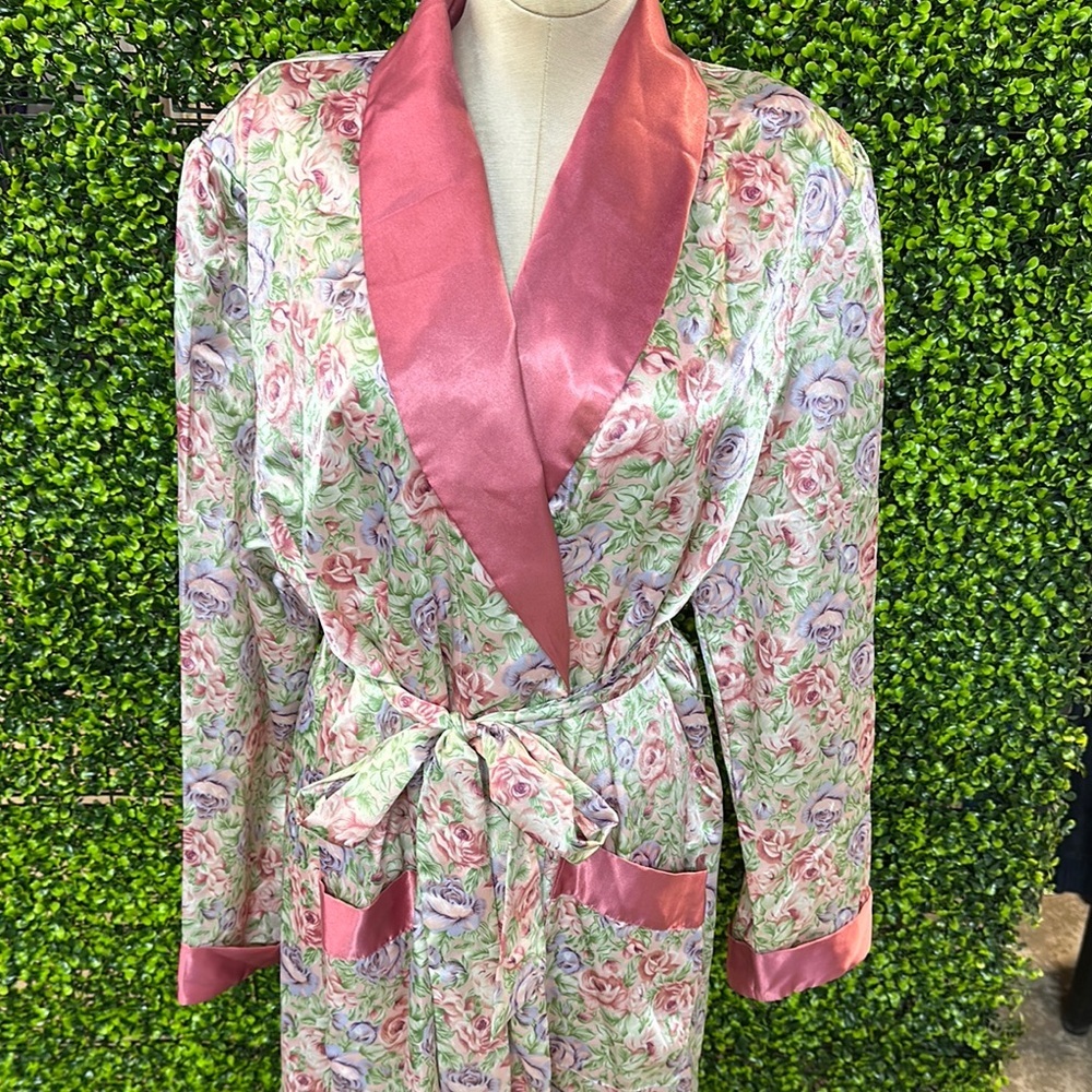 Floral Satin Robe Pink Trim